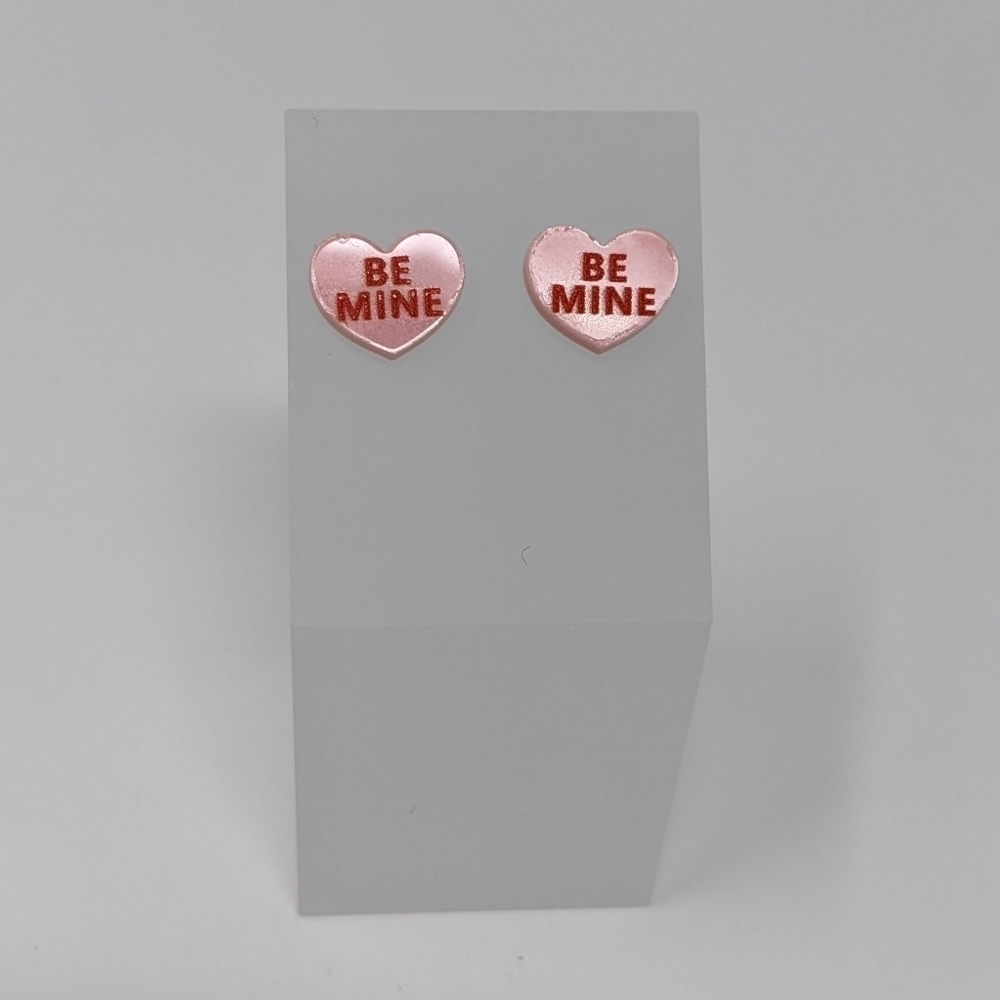 Conversation Heart Pink Acrylic Stud Earrings with Be Mine
